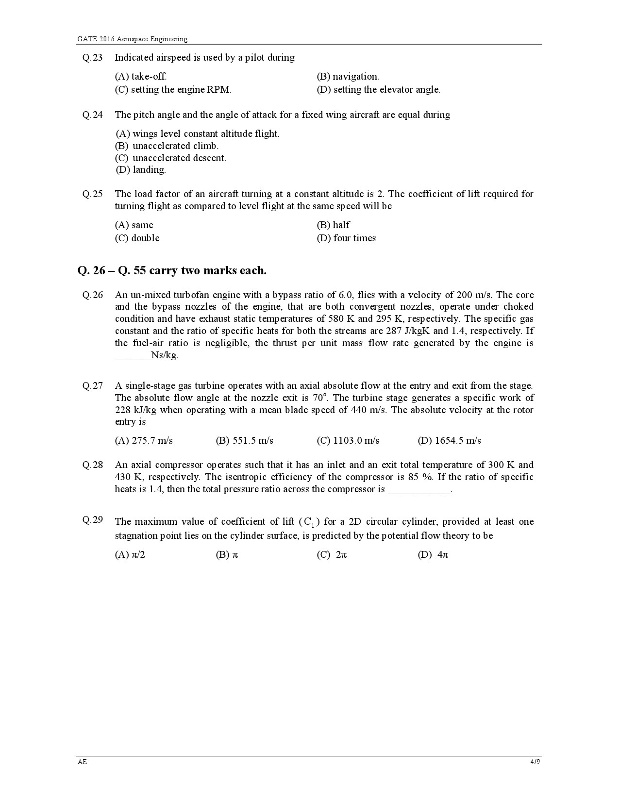 GATE Exam 2016 Aerospace Engineering Question Paper 4