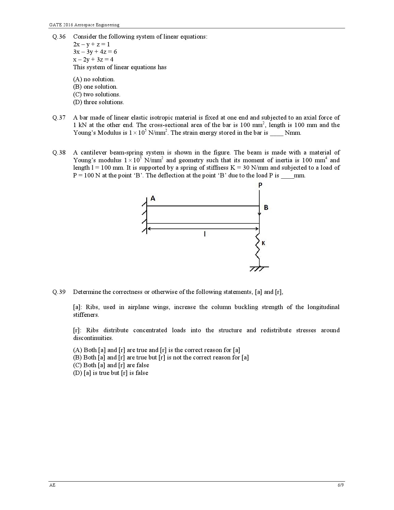 GATE Exam 2016 Aerospace Engineering Question Paper 6