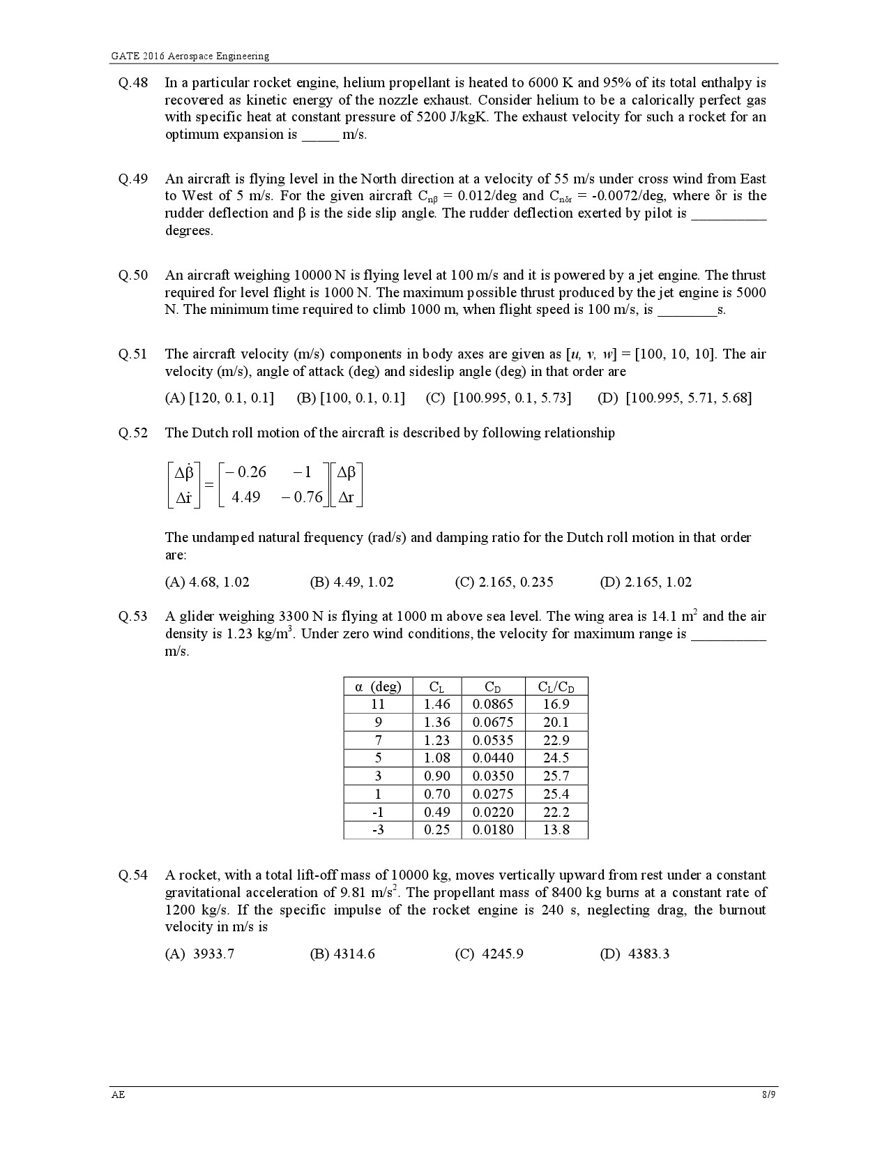 GATE Exam 2016 Aerospace Engineering Question Paper 8