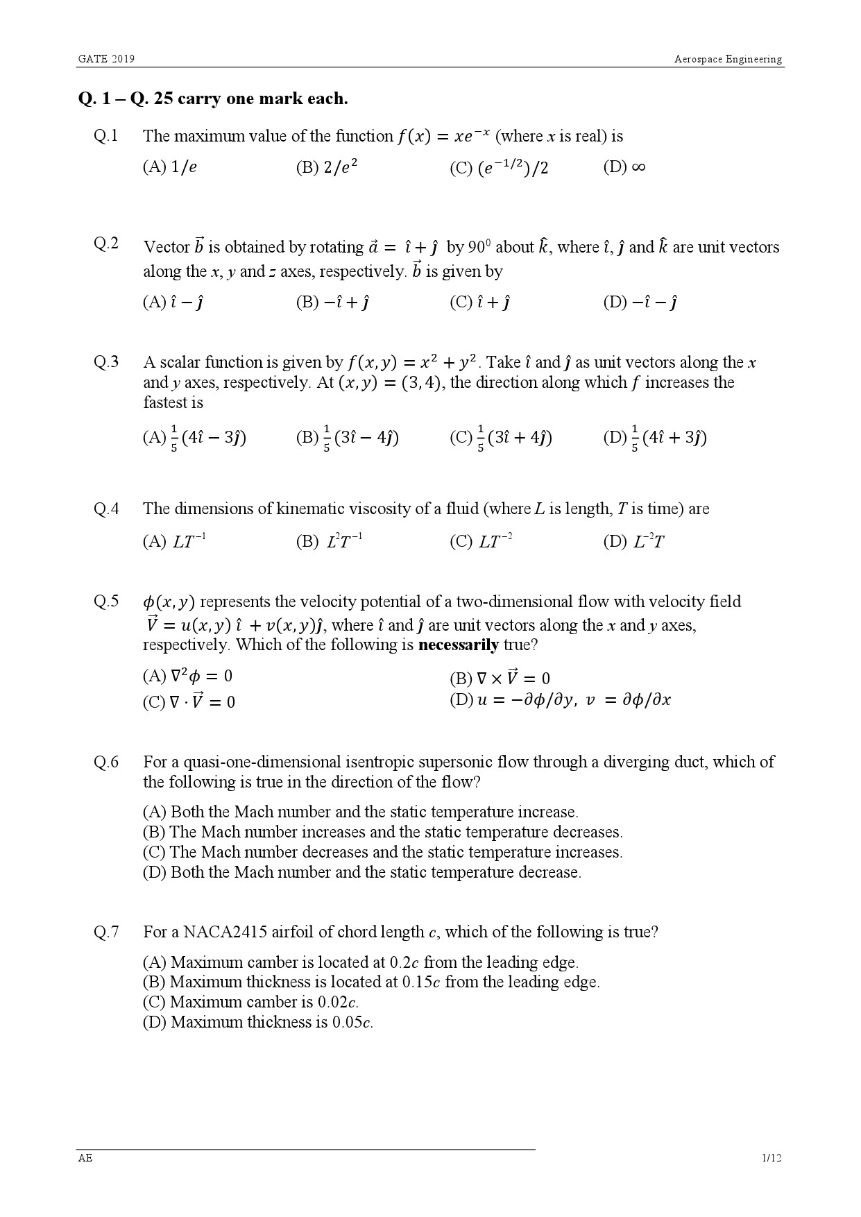 GATE Exam 2019 Aerospace Engineering Question Paper 1