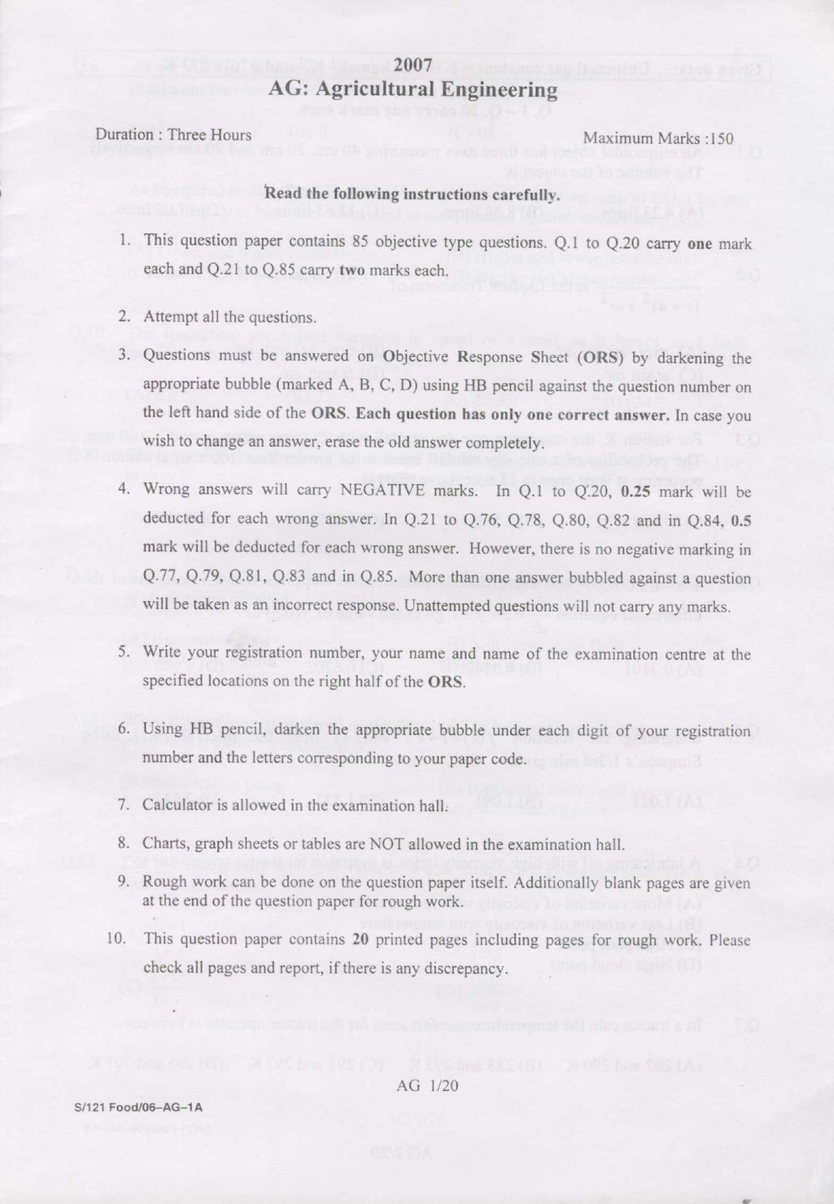 GATE Exam Question Paper 2007 Agricultural Engineering 1