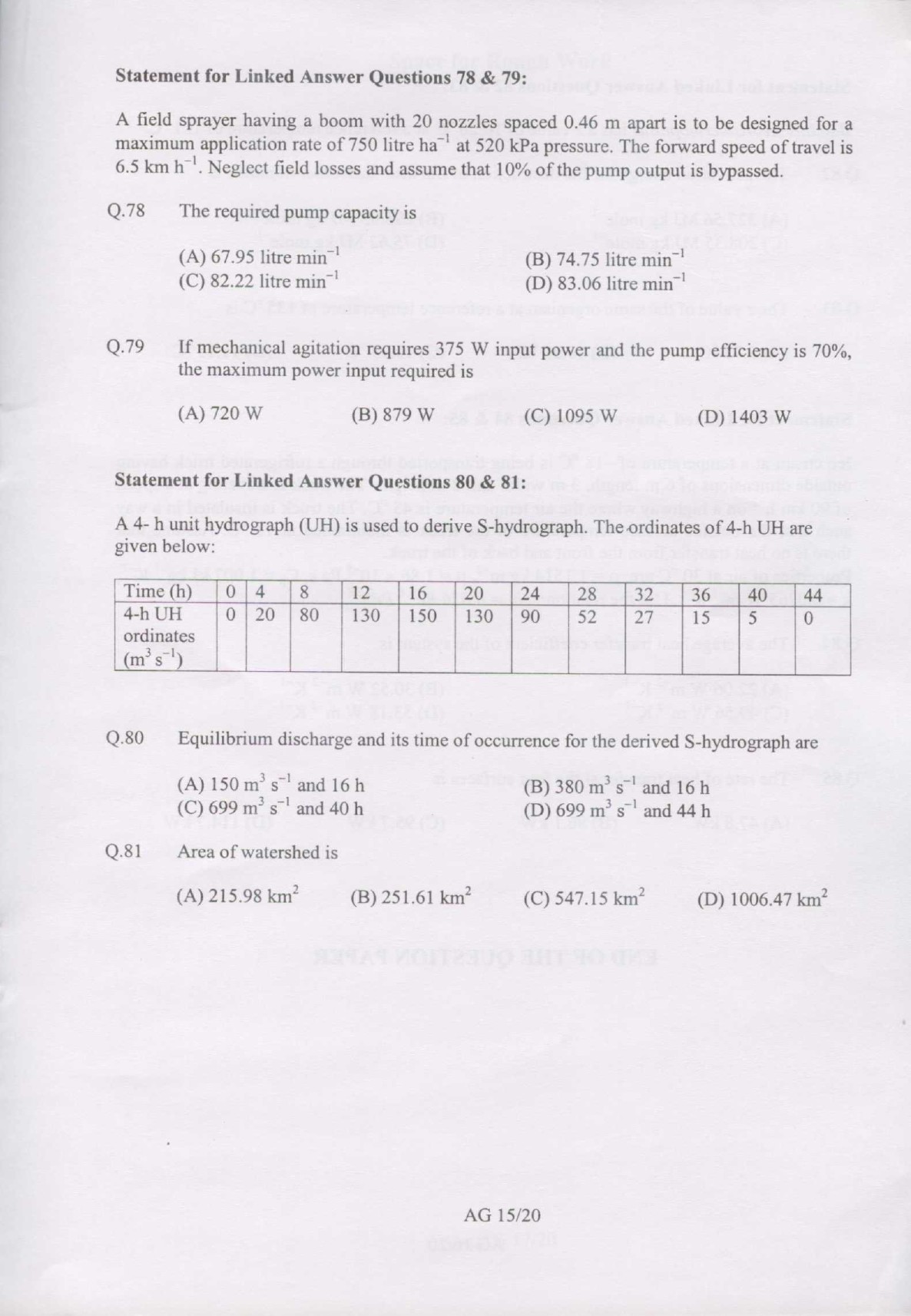 GATE Exam Question Paper 2007 Agricultural Engineering 15