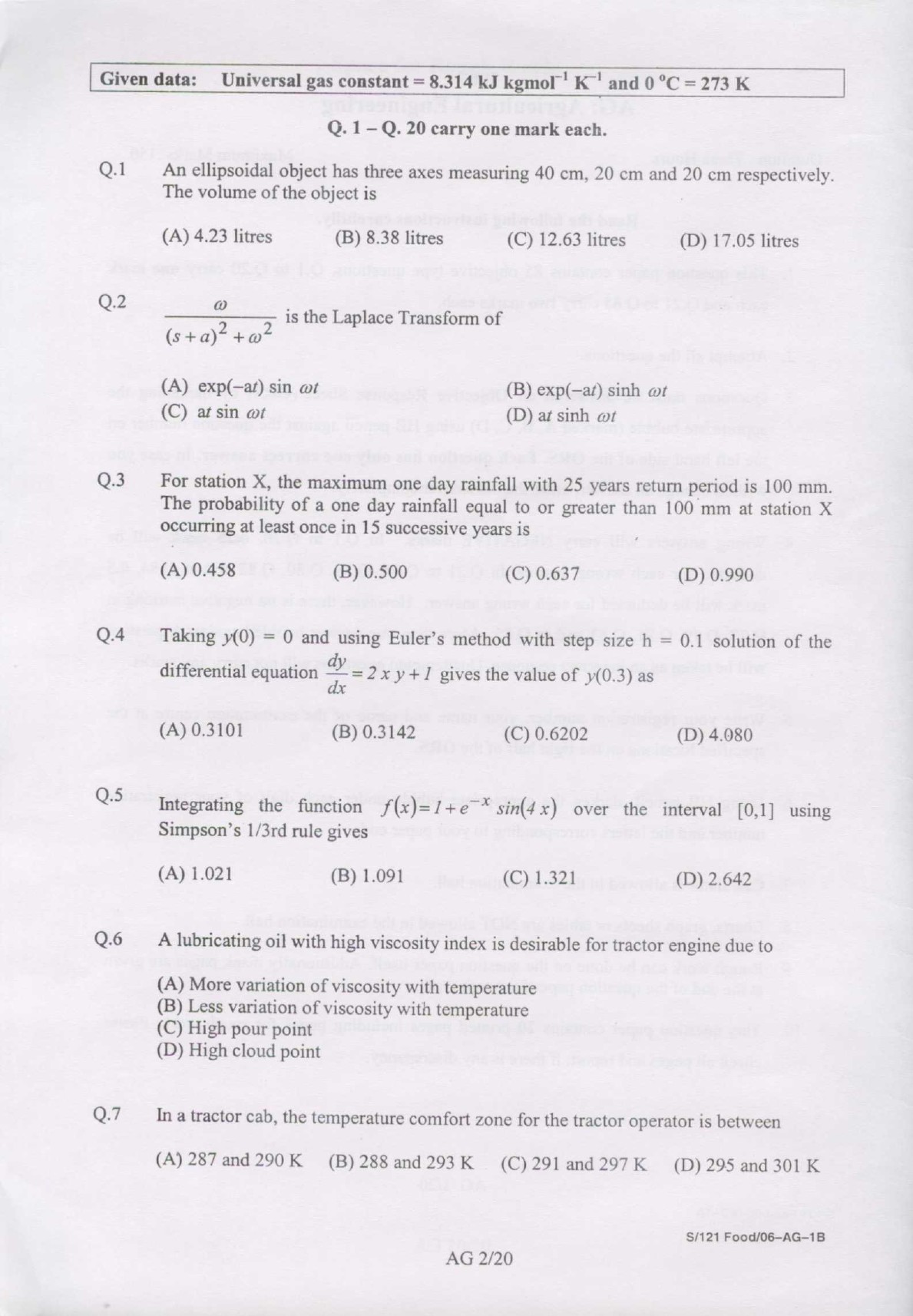 GATE Exam Question Paper 2007 Agricultural Engineering 2