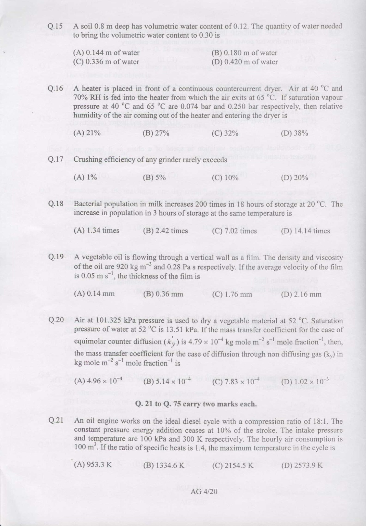 GATE Exam Question Paper 2007 Agricultural Engineering 4