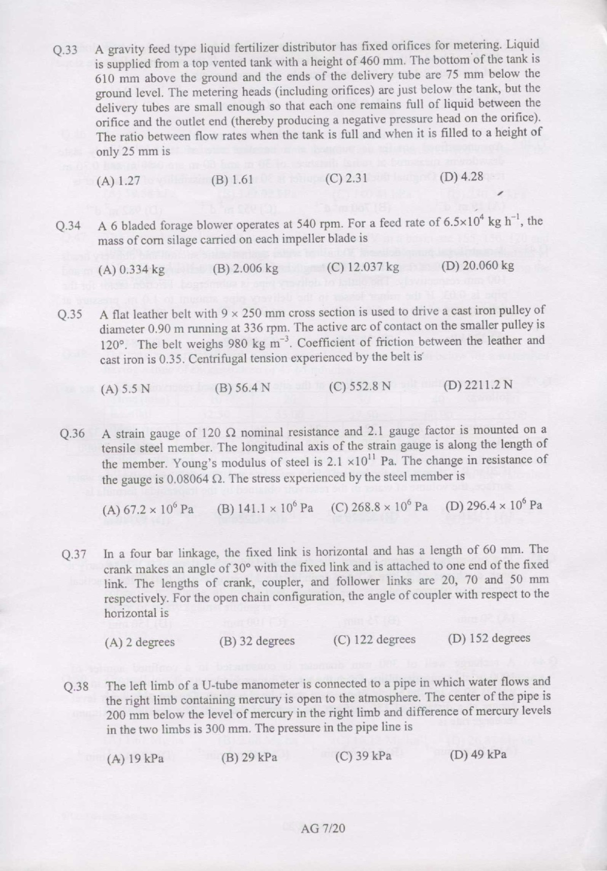 GATE Exam Question Paper 2007 Agricultural Engineering 7