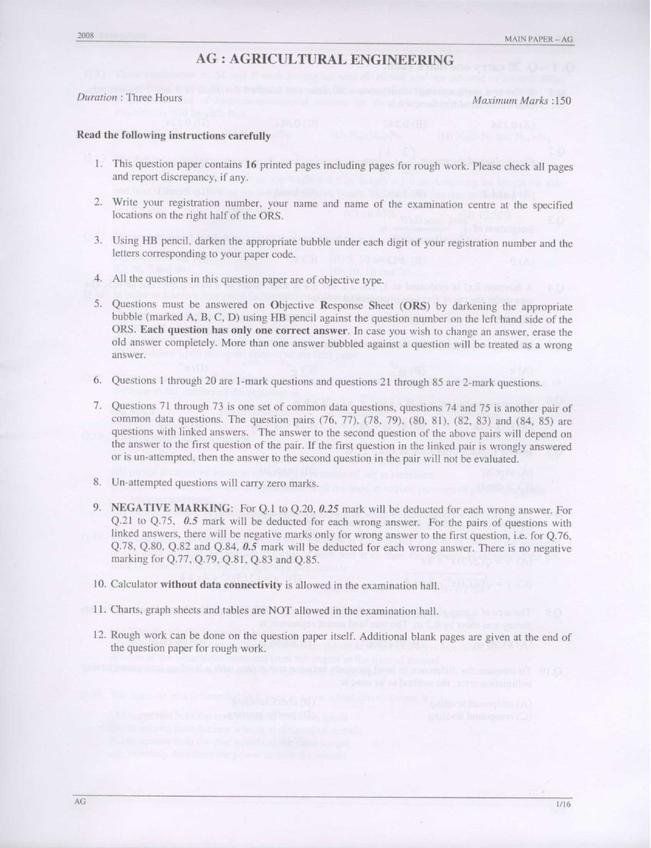 GATE Exam Question Paper 2008 Agricultural Engineering 1