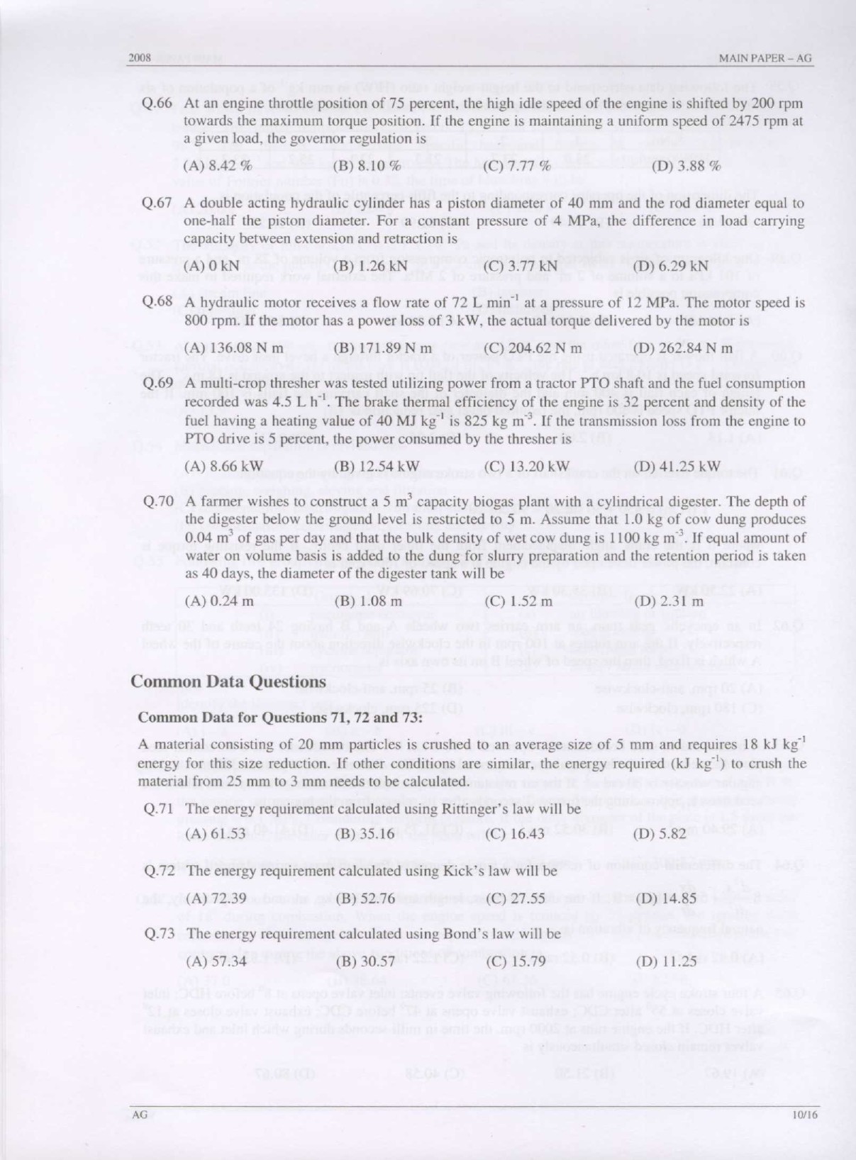 GATE Exam Question Paper 2008 Agricultural Engineering 10