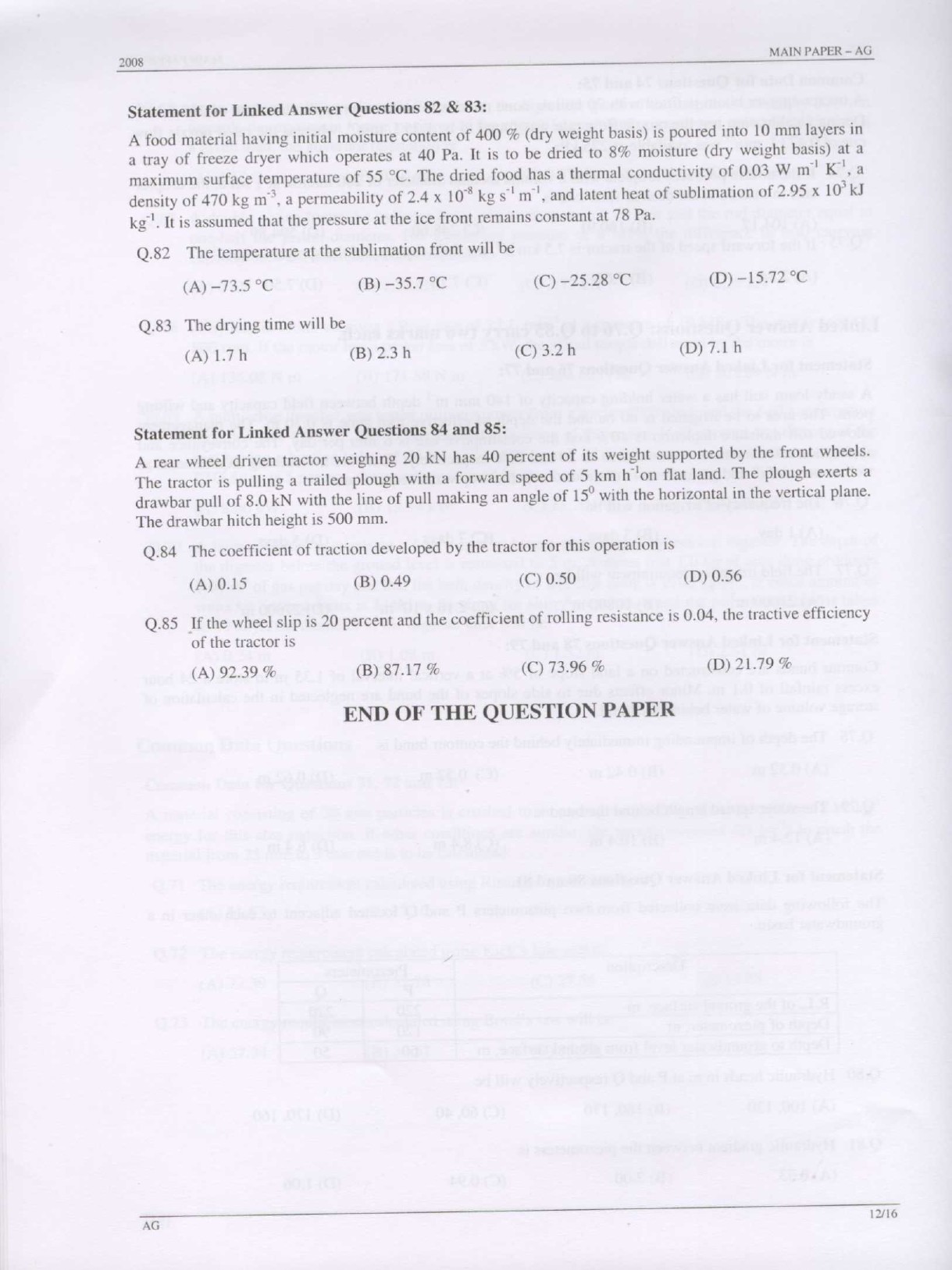 GATE Exam Question Paper 2008 Agricultural Engineering 12