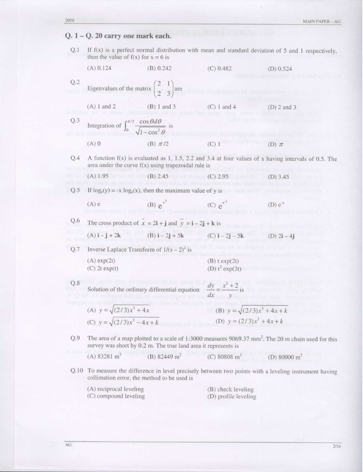 GATE Exam Question Paper 2008 Agricultural Engineering 2