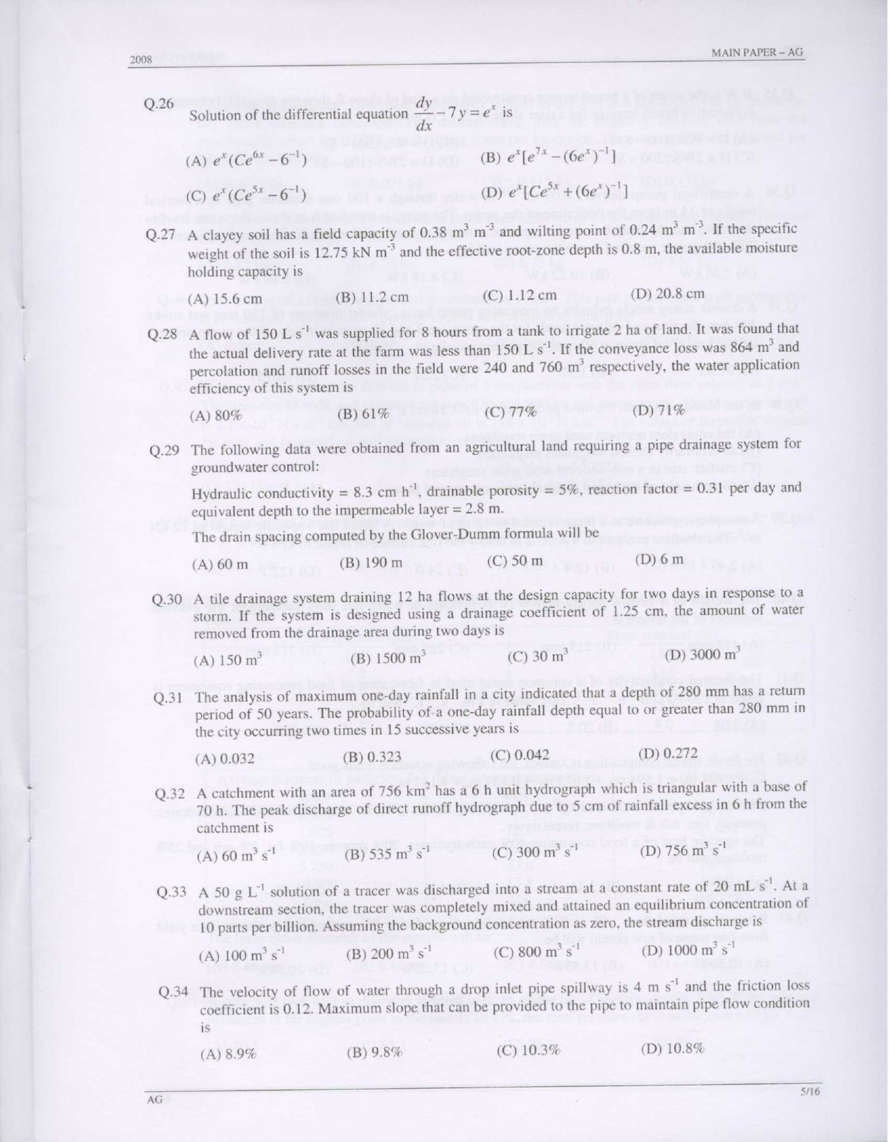 GATE Exam Question Paper 2008 Agricultural Engineering 5