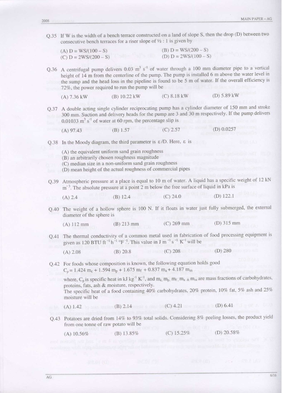 GATE Exam Question Paper 2008 Agricultural Engineering 6