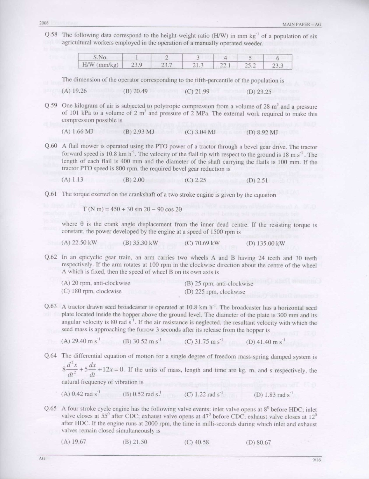 GATE Exam Question Paper 2008 Agricultural Engineering 9