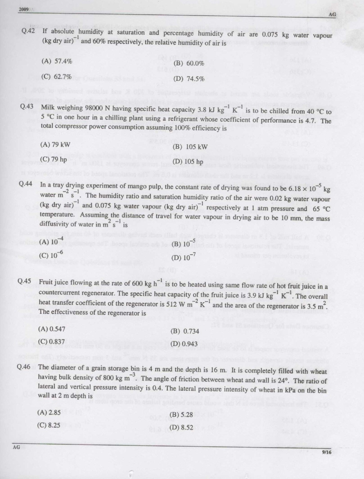 GATE Exam Question Paper 2009 Agricultural Engineering 10