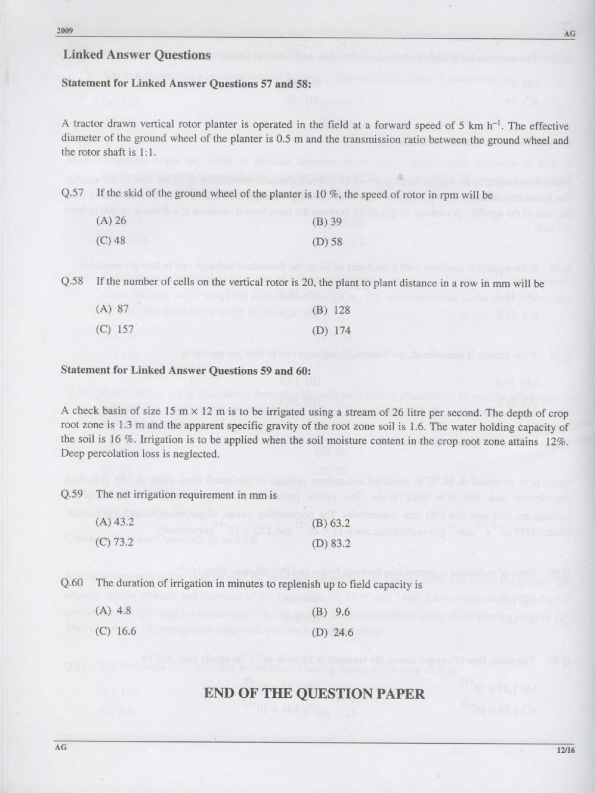GATE Exam Question Paper 2009 Agricultural Engineering 13