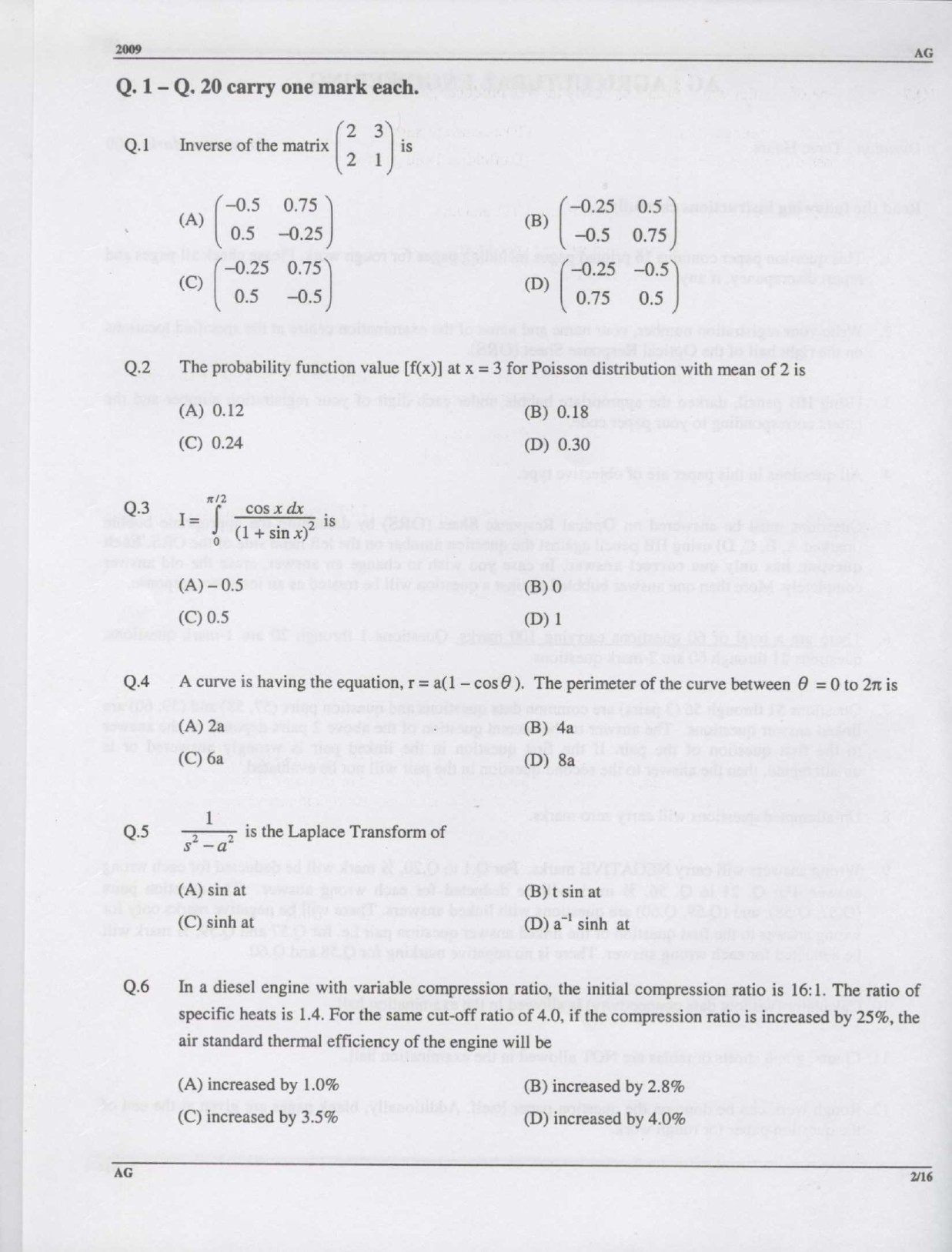 GATE Exam Question Paper 2009 Agricultural Engineering 2