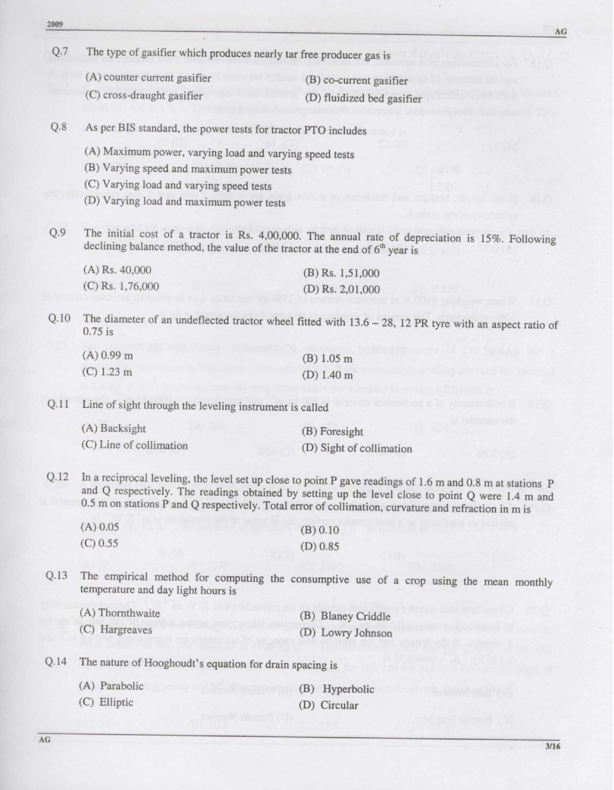 GATE Exam Question Paper 2009 Agricultural Engineering 3