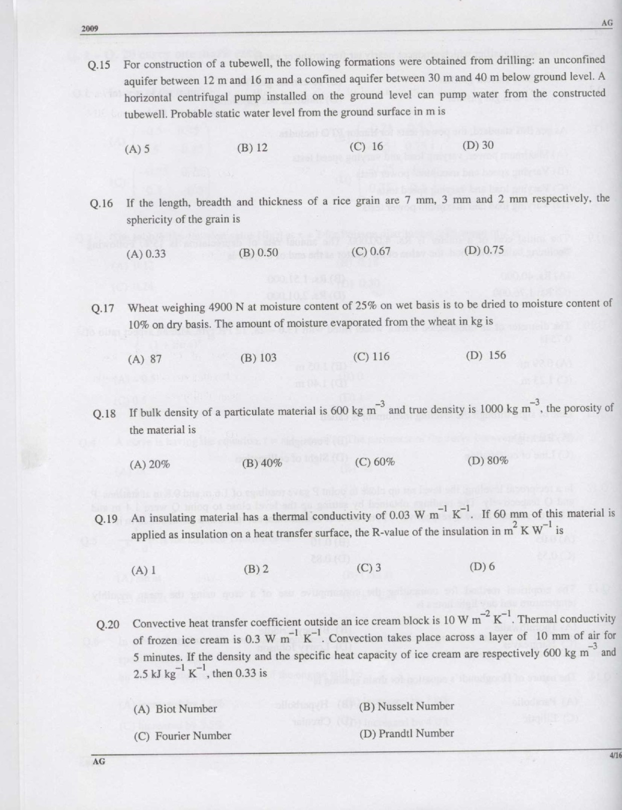 GATE Exam Question Paper 2009 Agricultural Engineering 4