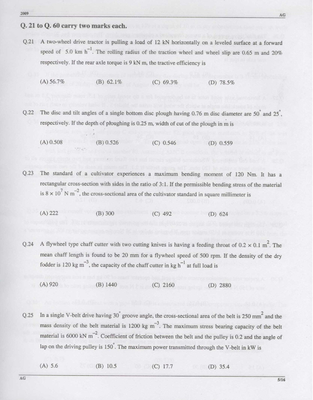 GATE Exam Question Paper 2009 Agricultural Engineering 5