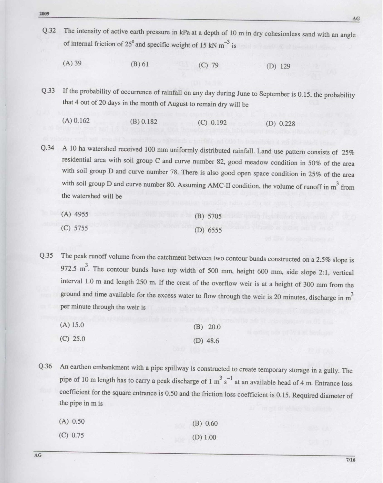 GATE Exam Question Paper 2009 Agricultural Engineering 8