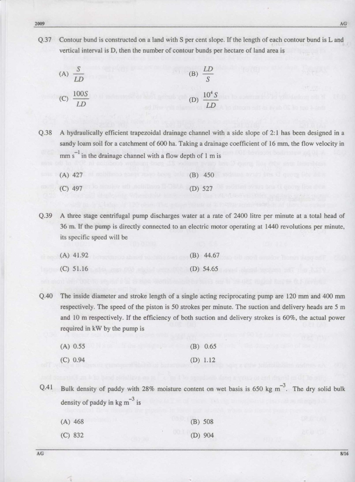 GATE Exam Question Paper 2009 Agricultural Engineering 9