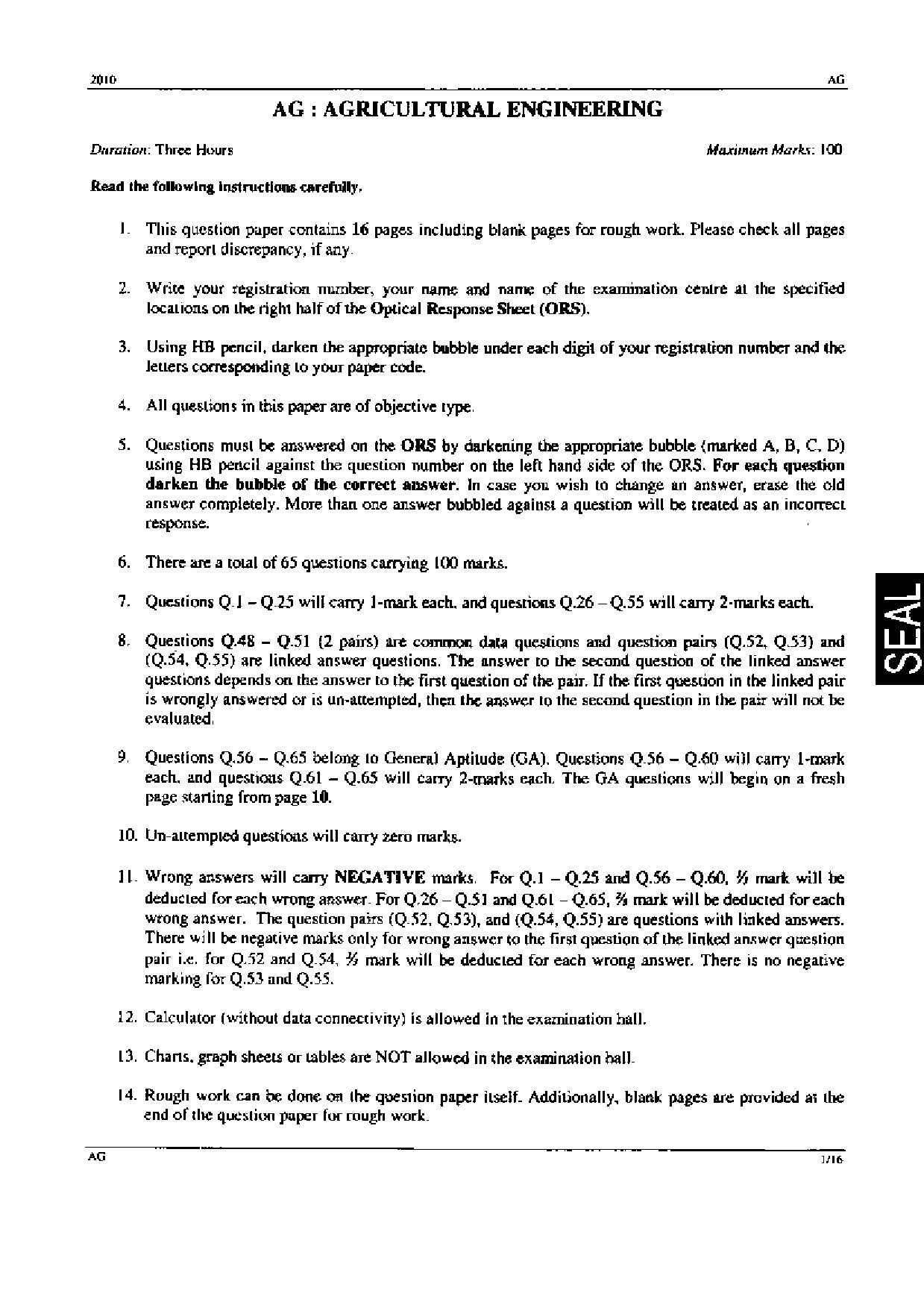 GATE Exam Question Paper 2010 Agricultural Engineering 1