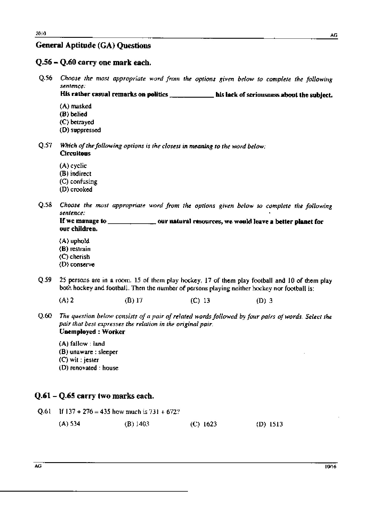 GATE Exam Question Paper 2010 Agricultural Engineering 10