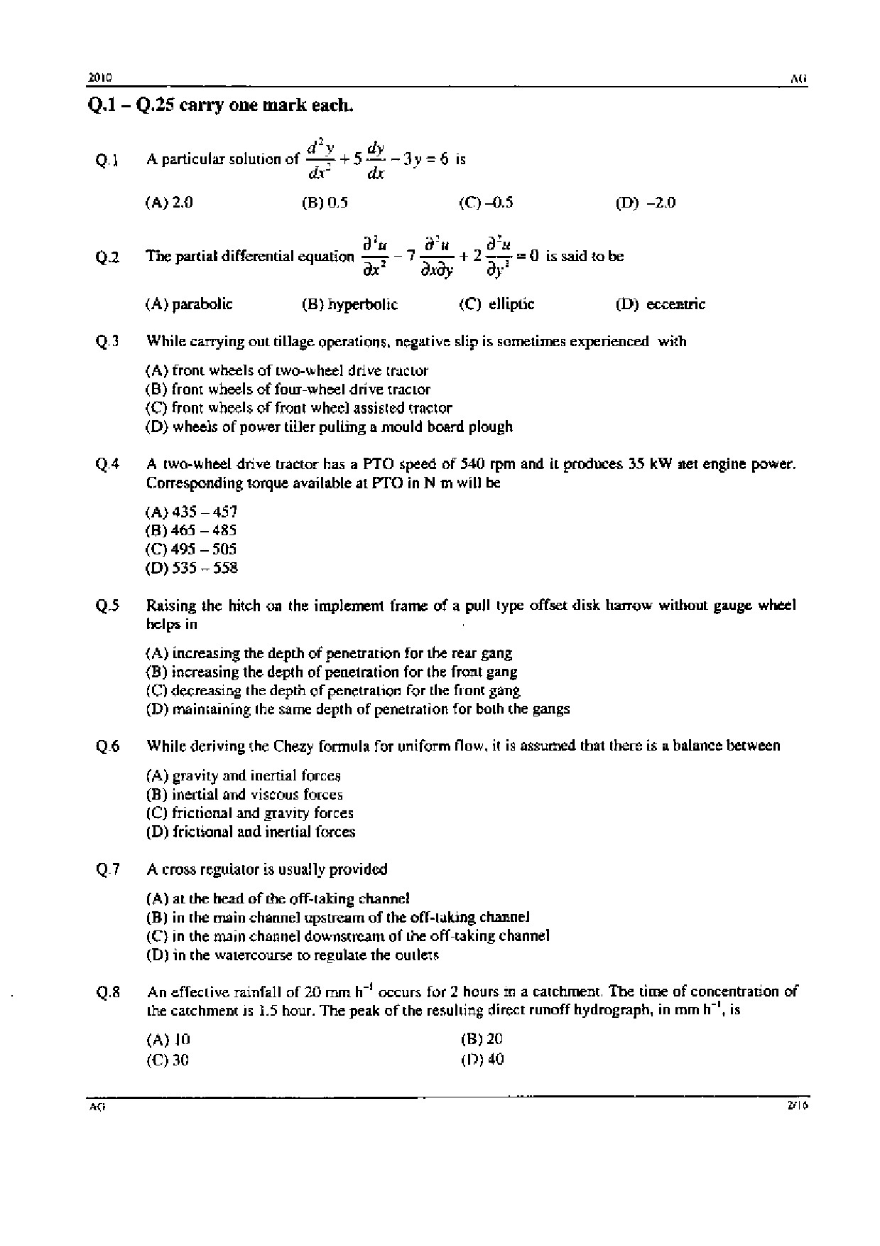 GATE Exam Question Paper 2010 Agricultural Engineering 2
