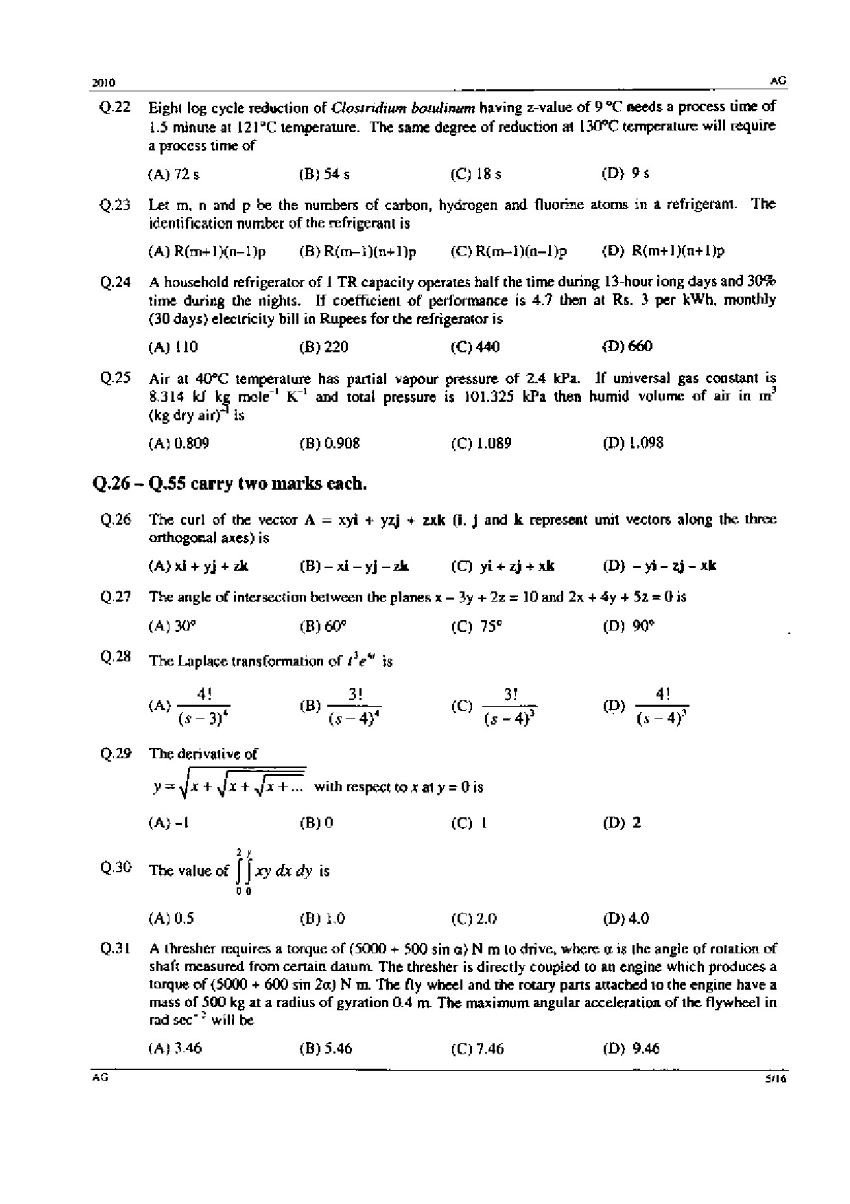 GATE Exam Question Paper 2010 Agricultural Engineering 5