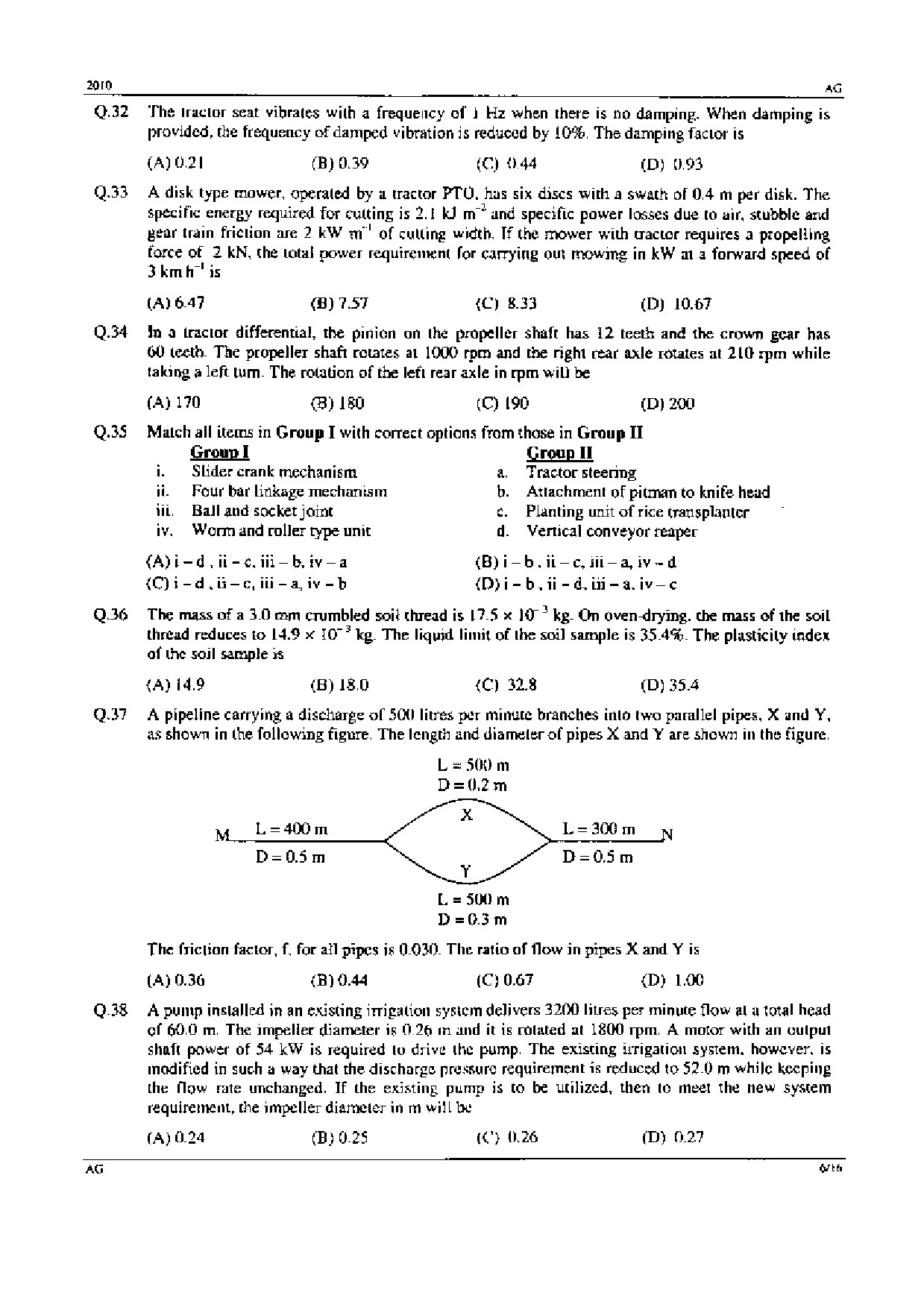 GATE Exam Question Paper 2010 Agricultural Engineering 6