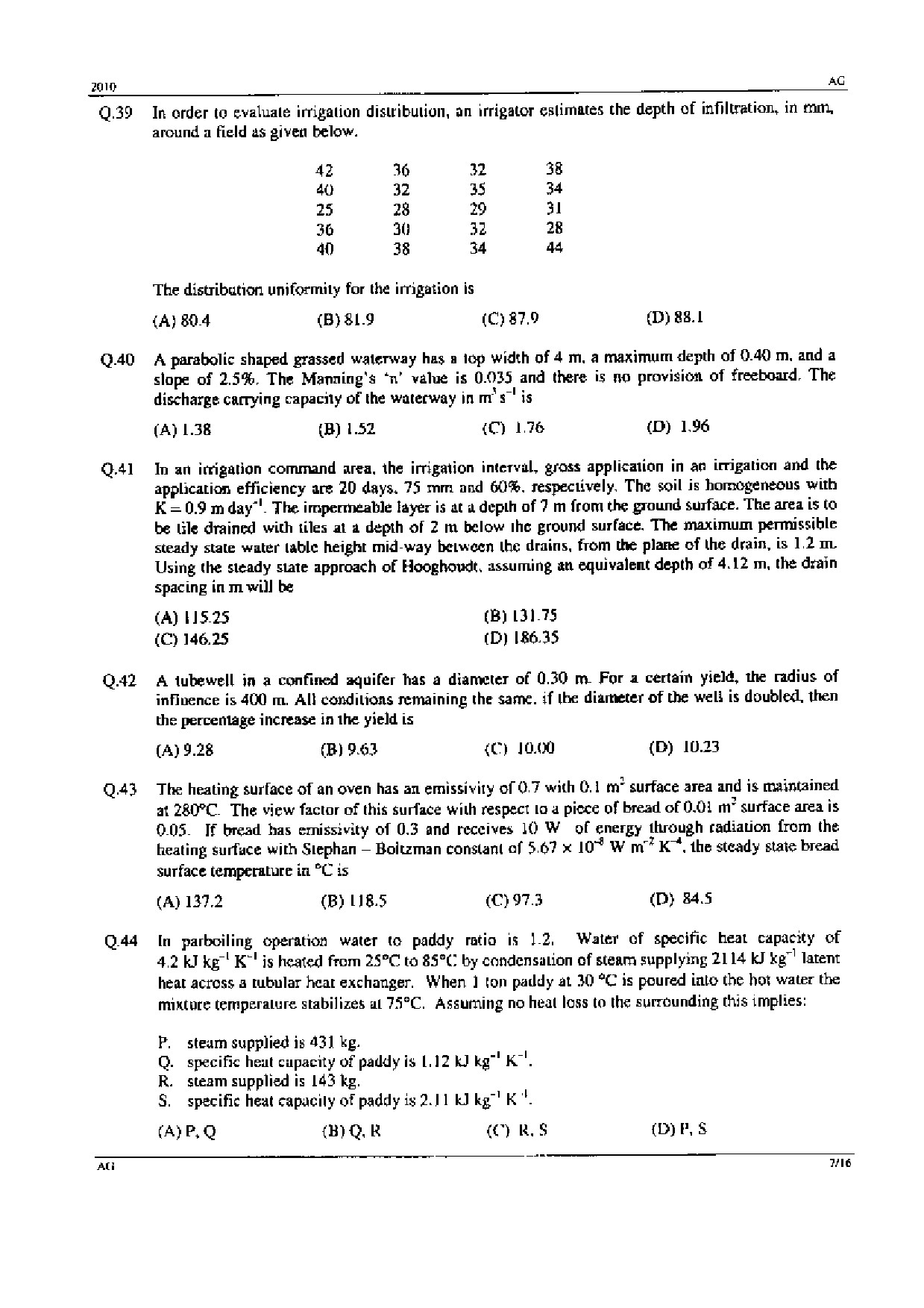 GATE Exam Question Paper 2010 Agricultural Engineering 7