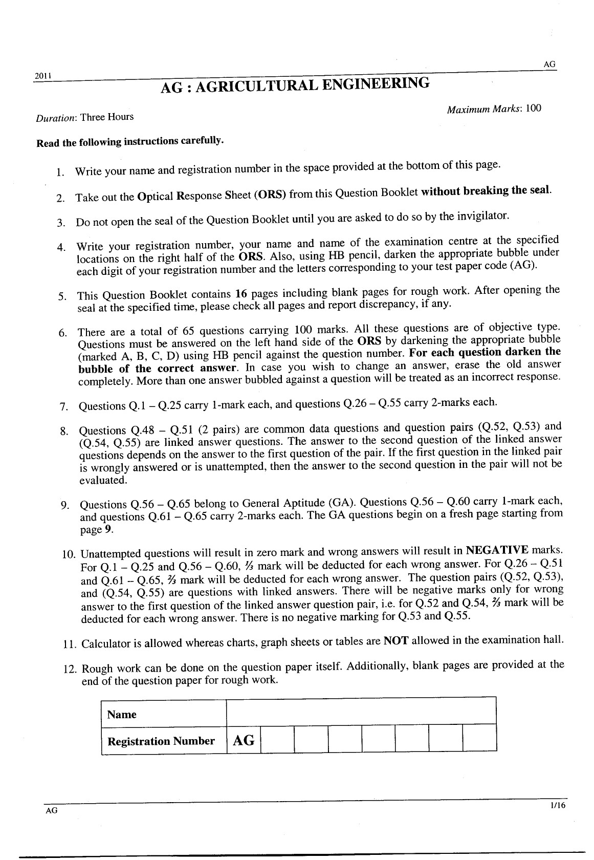 GATE Exam Question Paper 2011 Agricultural Engineering 1