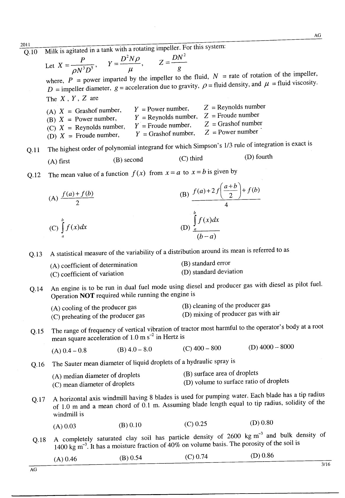 GATE Exam Question Paper 2011 Agricultural Engineering 3