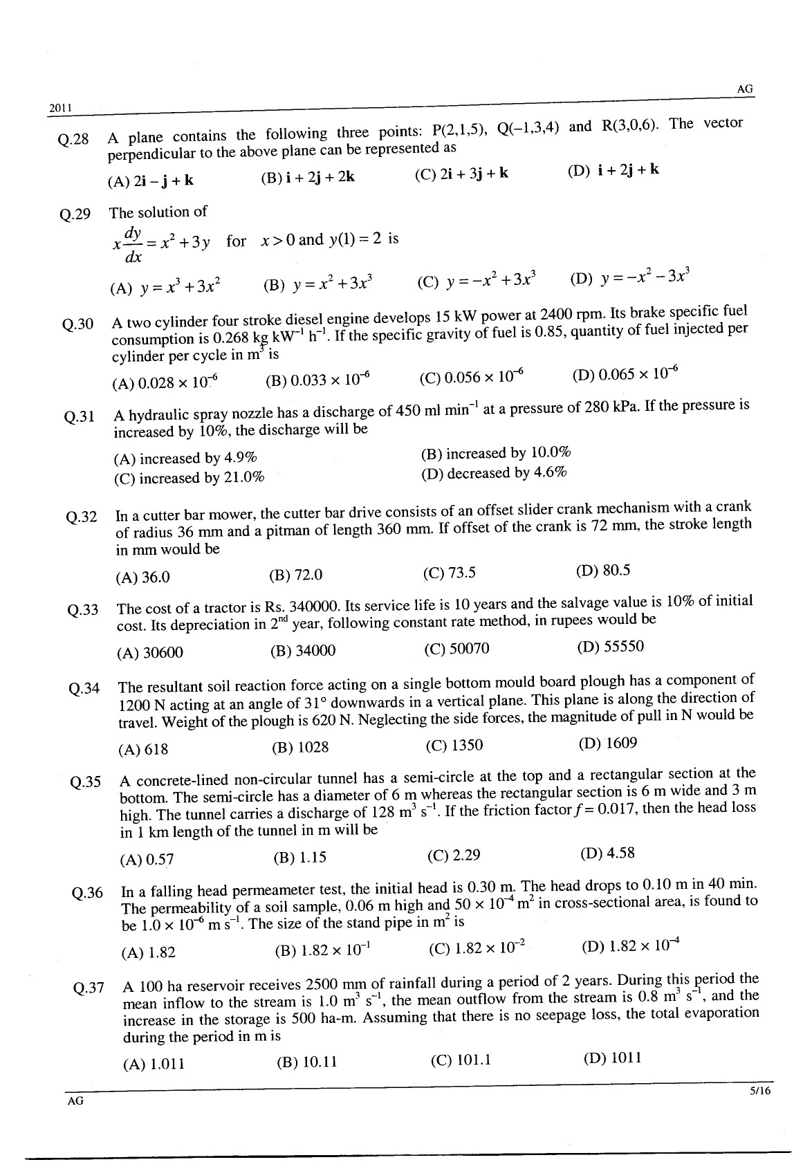 GATE Exam Question Paper 2011 Agricultural Engineering 5
