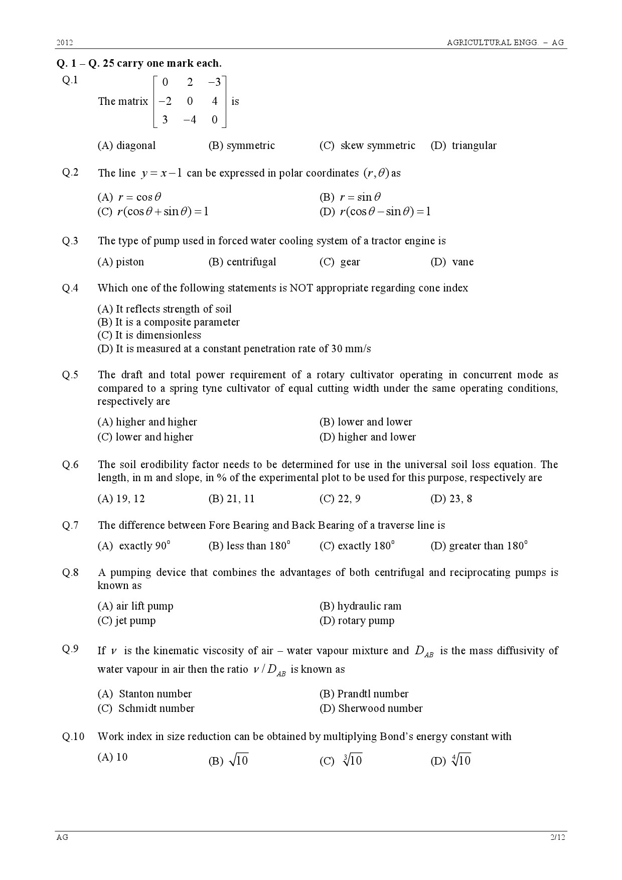 GATE Exam Question Paper 2012 Agricultural Engineering 2