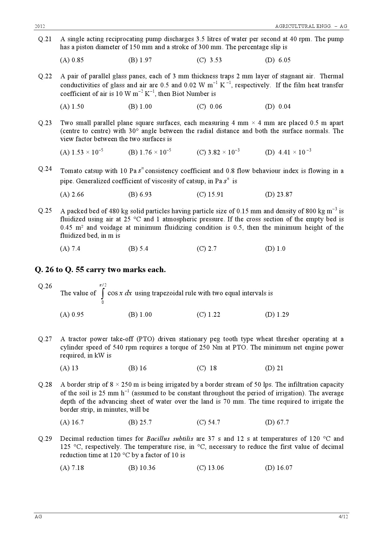 GATE Exam Question Paper 2012 Agricultural Engineering 4