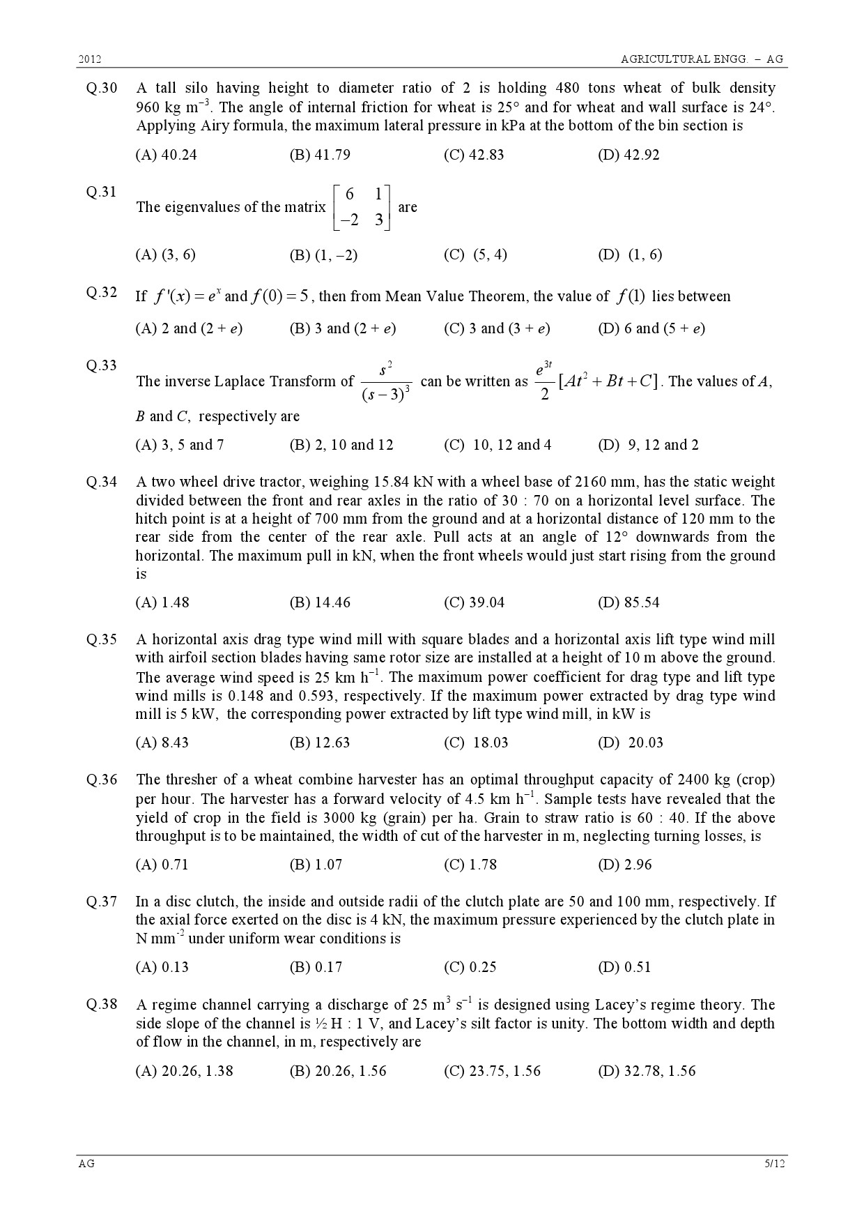 GATE Exam Question Paper 2012 Agricultural Engineering 5