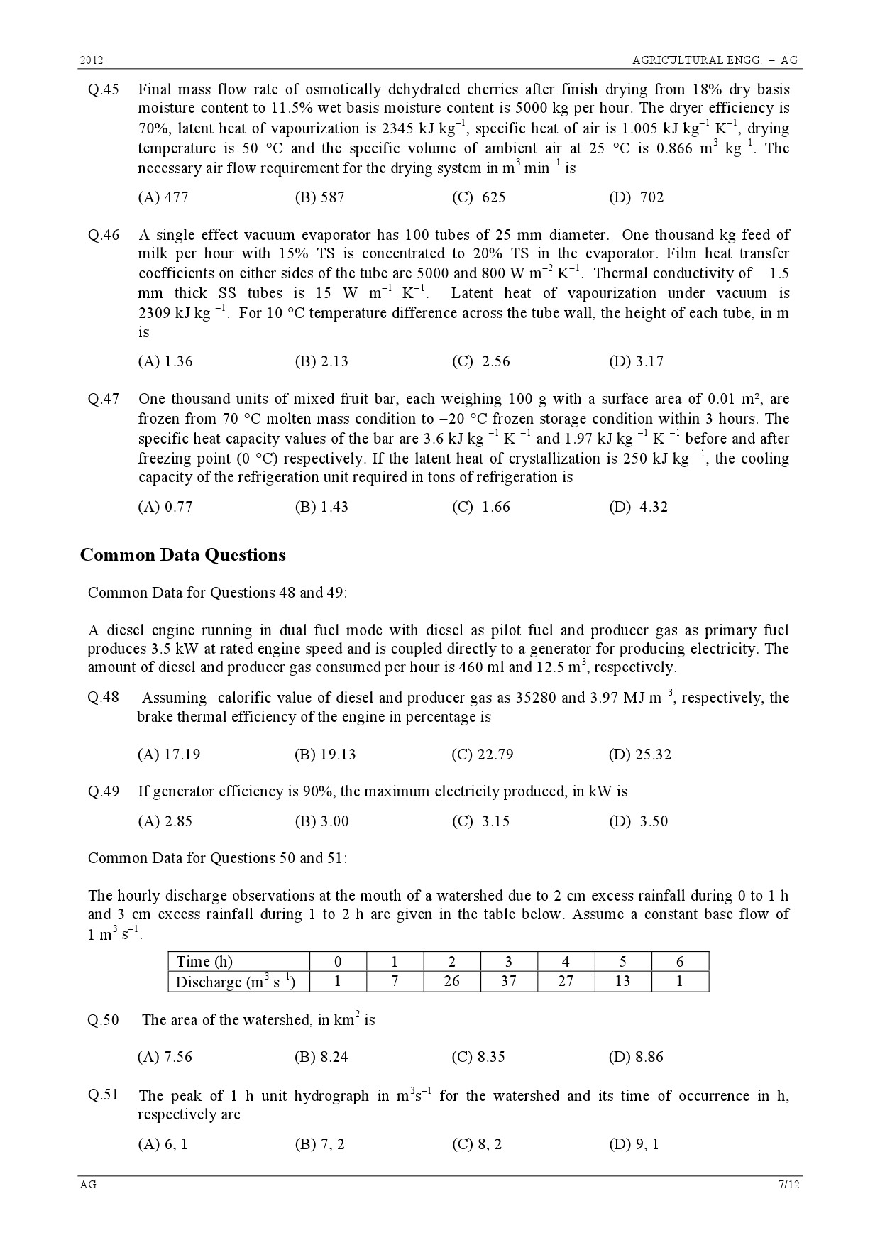 GATE Exam Question Paper 2012 Agricultural Engineering 7