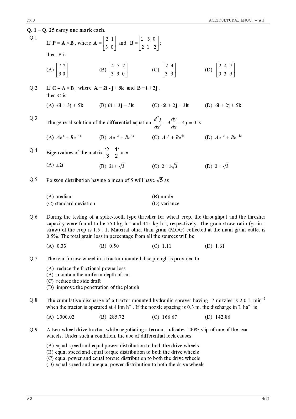 GATE Exam Question Paper 2013 Agricultural Engineering 4