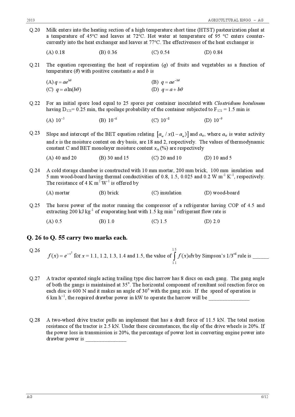 GATE Exam Question Paper 2013 Agricultural Engineering 6