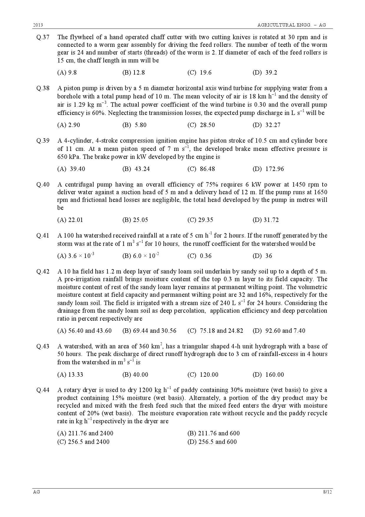 GATE Exam Question Paper 2013 Agricultural Engineering 8
