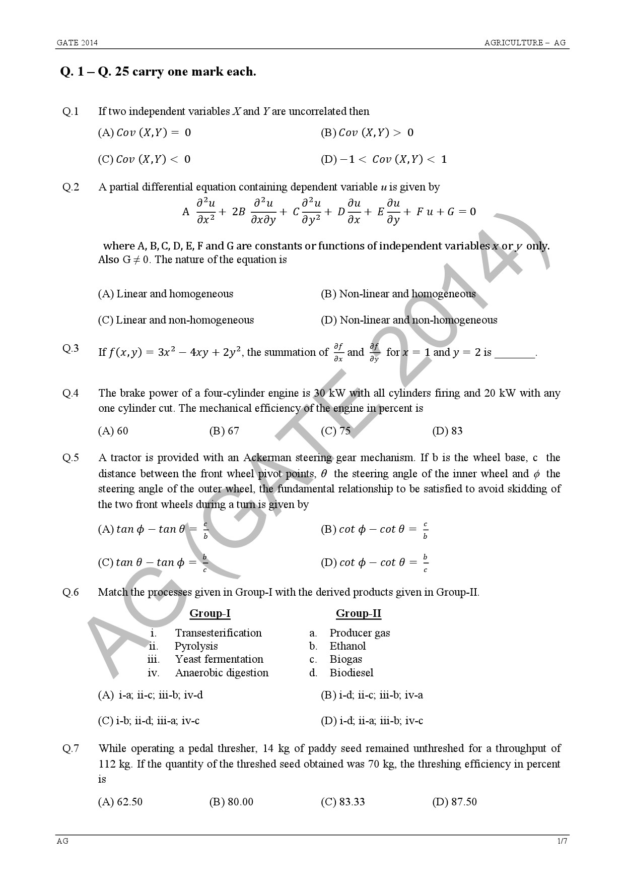 GATE Exam Question Paper 2014 Agricultural Engineering 5