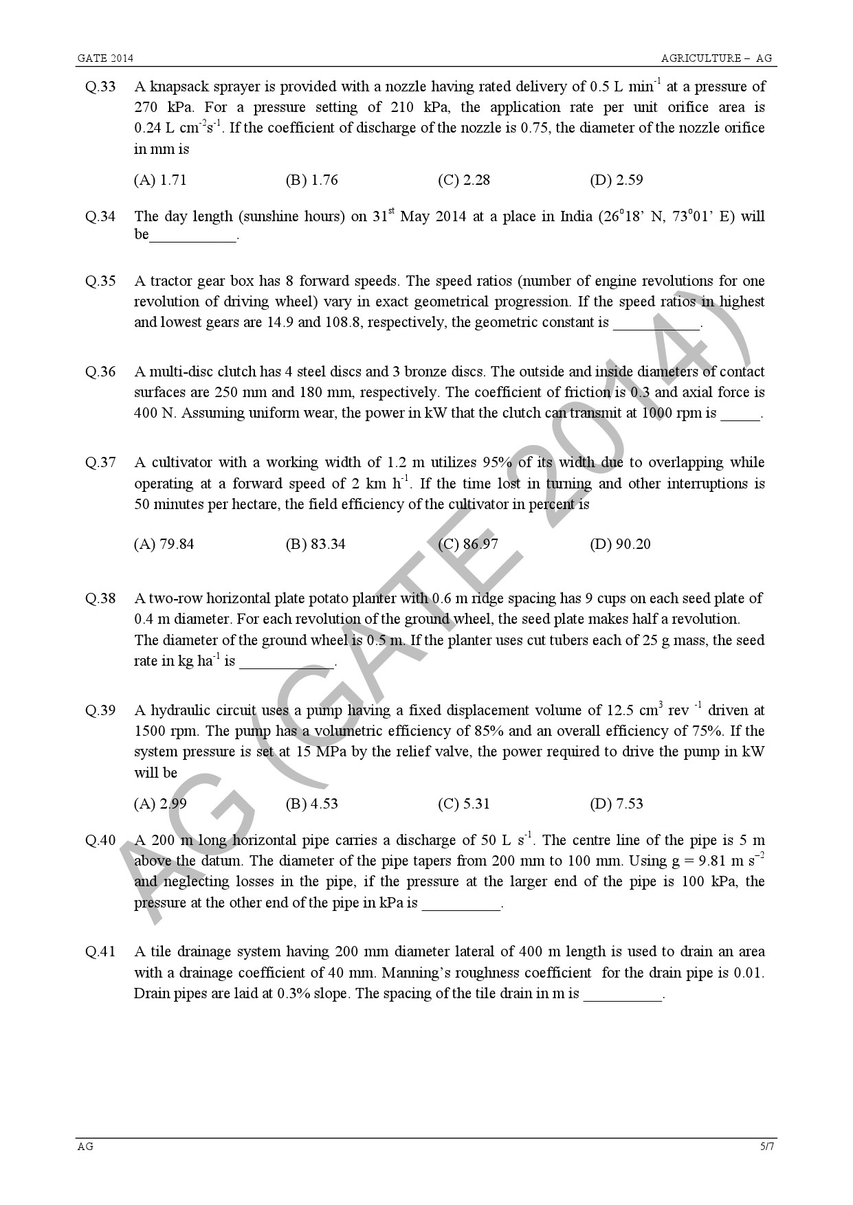 GATE Exam Question Paper 2014 Agricultural Engineering 9