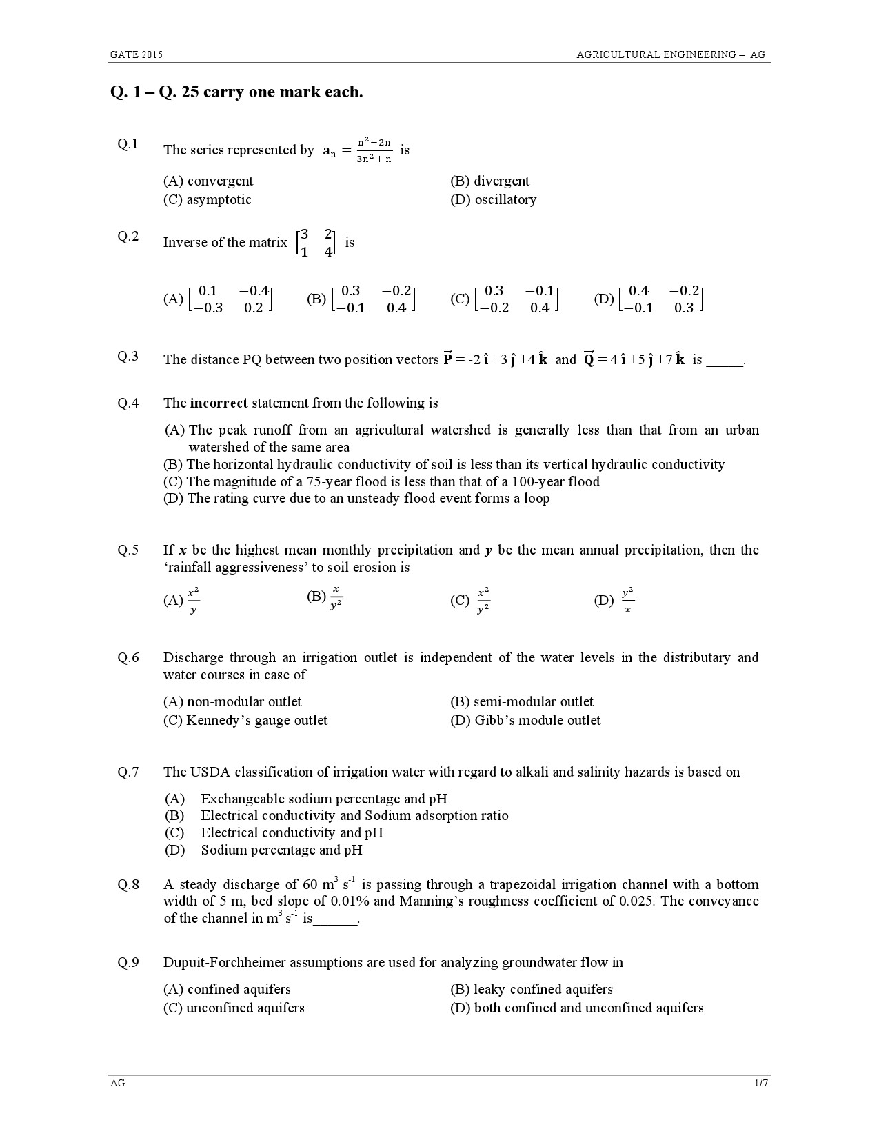 GATE Exam Question Paper 2015 Agricultural Engineering 1