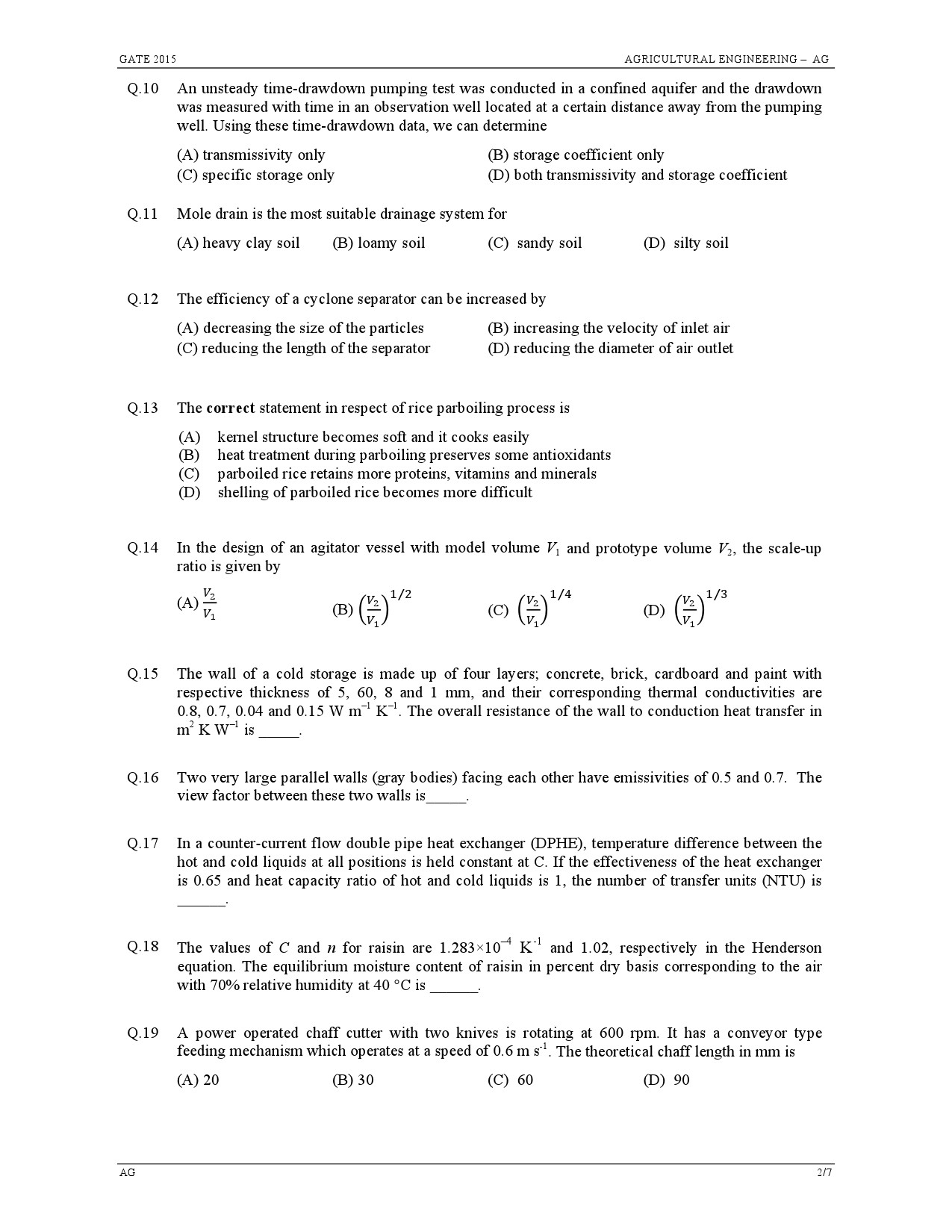 GATE Exam Question Paper 2015 Agricultural Engineering 2