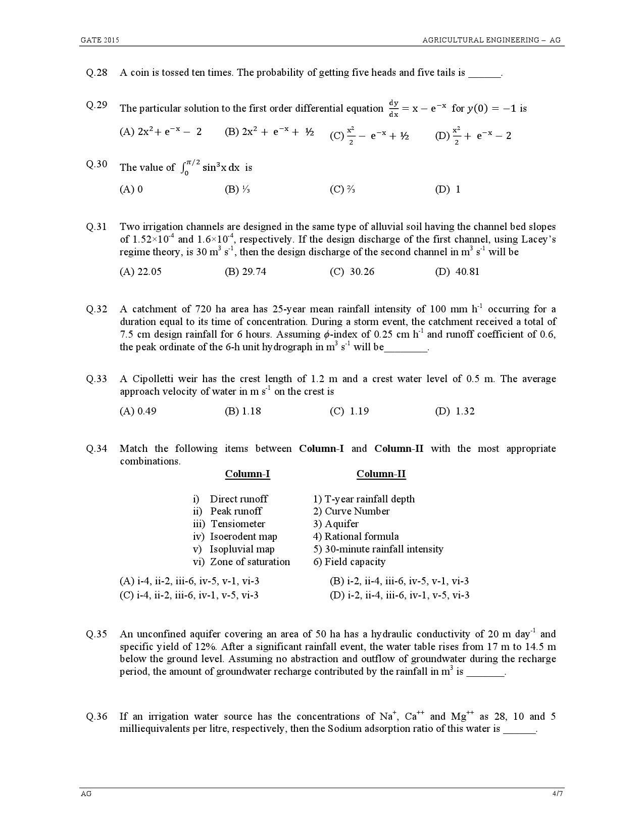 GATE Exam Question Paper 2015 Agricultural Engineering 4