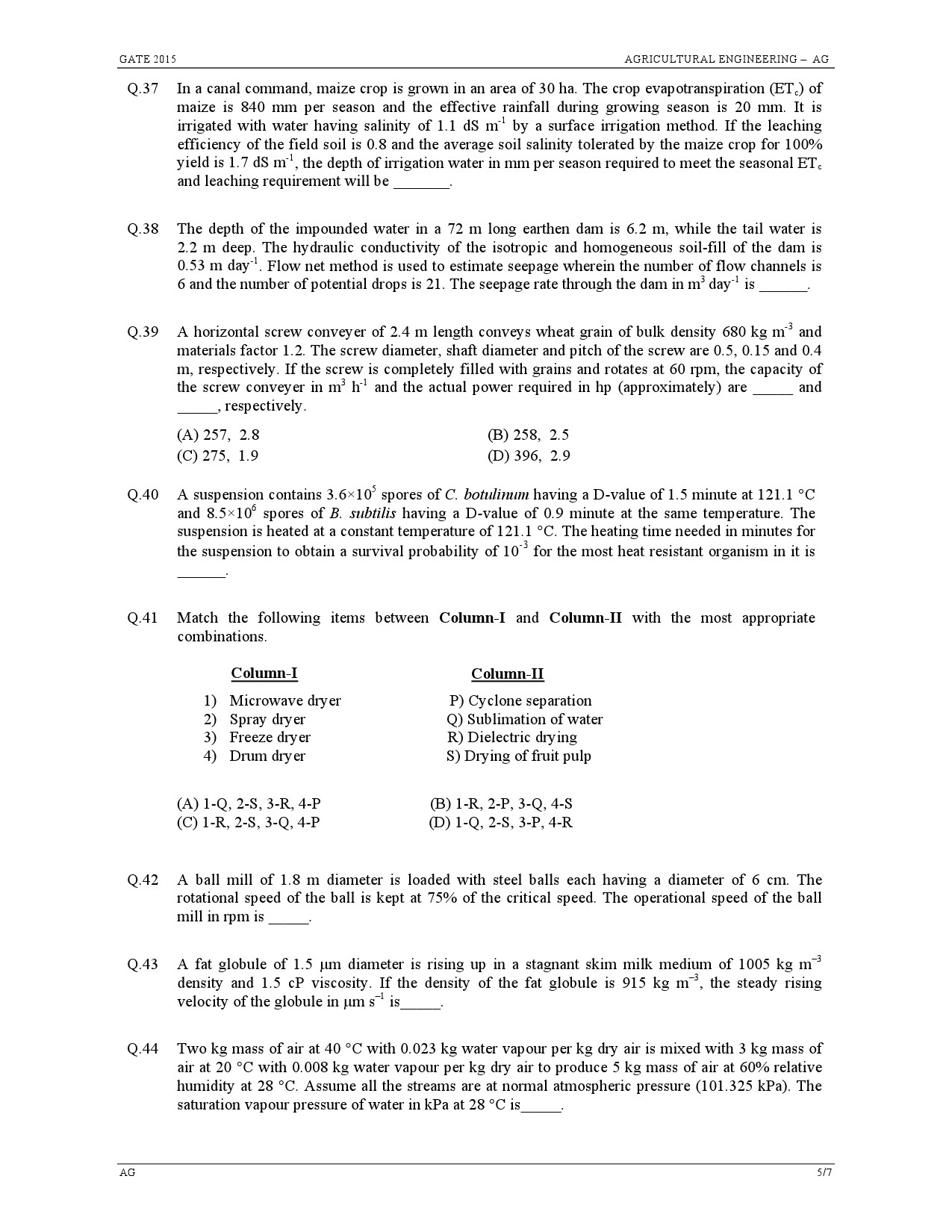 GATE Exam Question Paper 2015 Agricultural Engineering 5