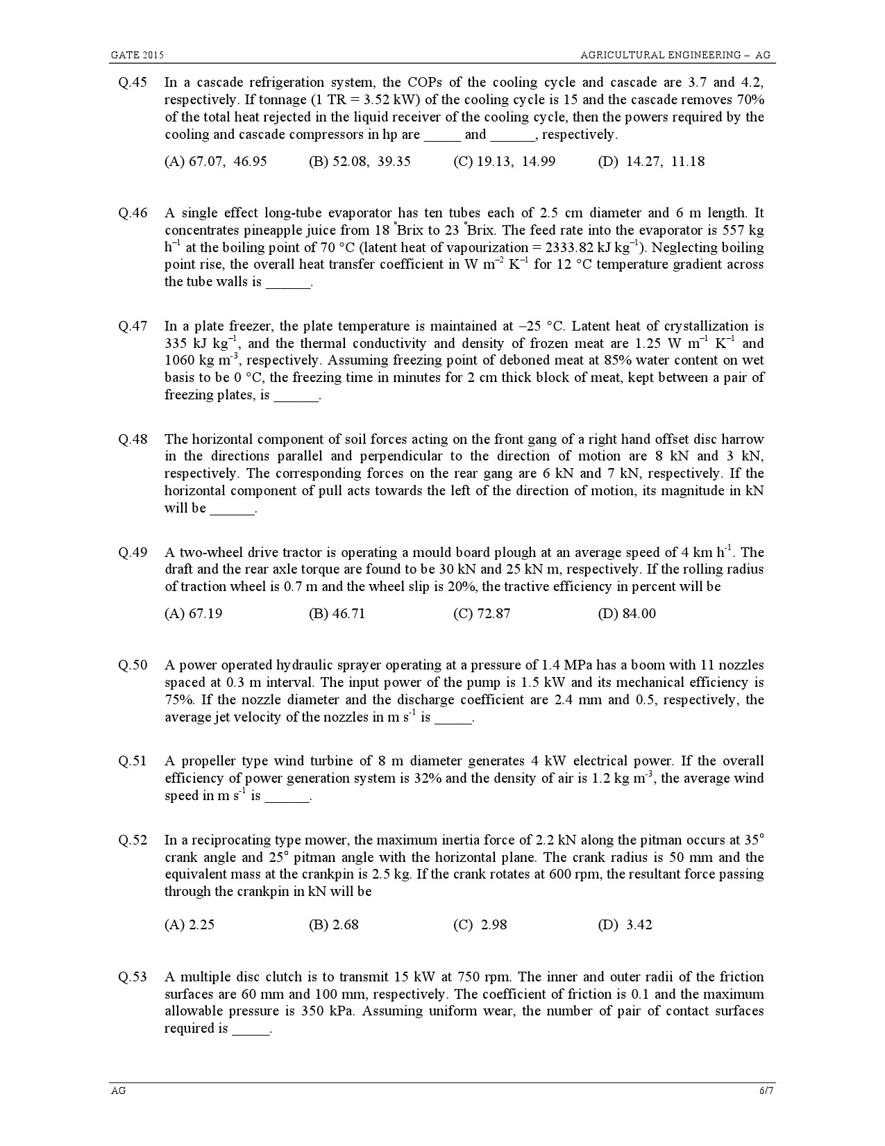 GATE Exam Question Paper 2015 Agricultural Engineering 6