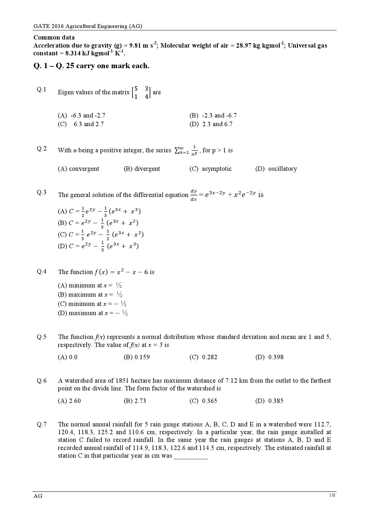 GATE Exam Question Paper 2016 Agricultural Engineering 1