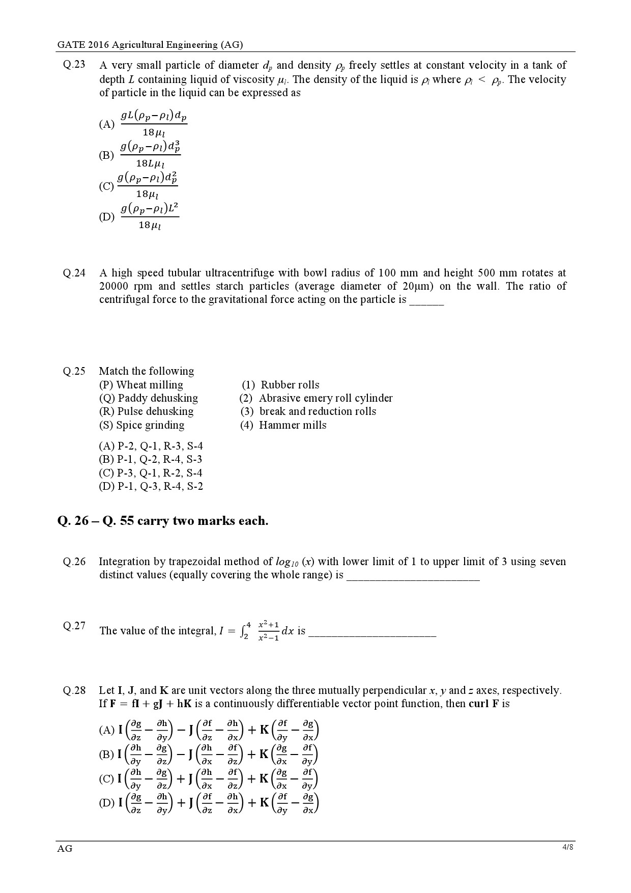 GATE Exam Question Paper 2016 Agricultural Engineering 4
