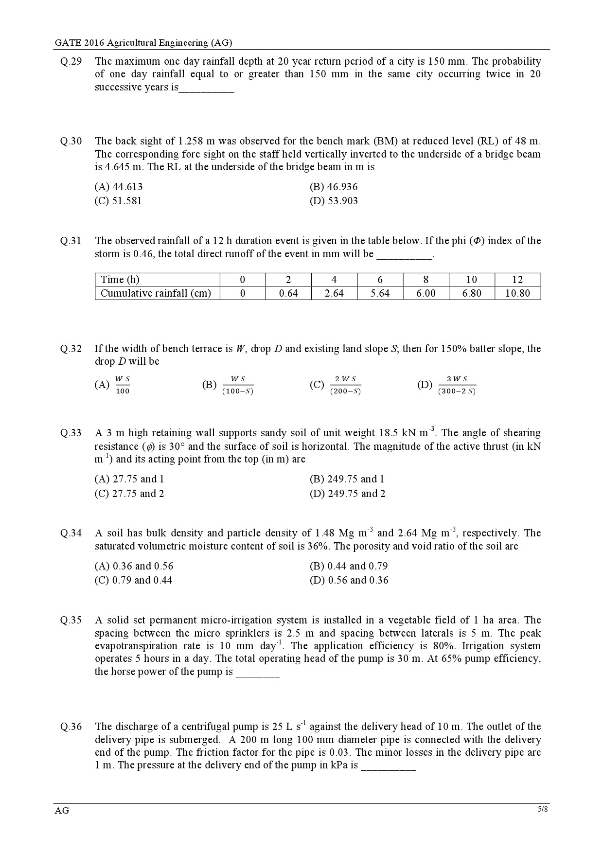 GATE Exam Question Paper 2016 Agricultural Engineering 5